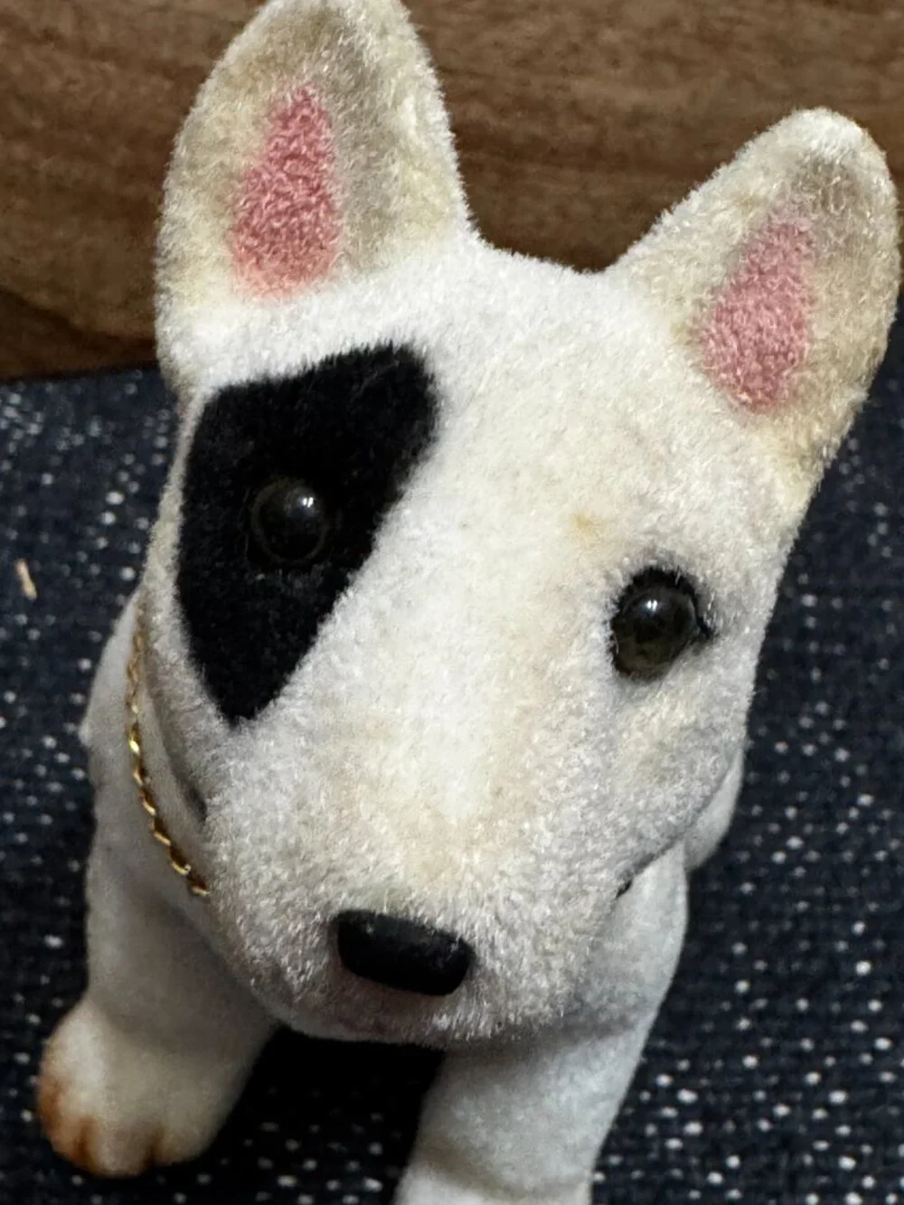 English Bull Terrier Nodder Bobble Dog Flocked Figurine, Vintage Circa 1980-90s